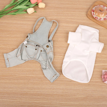 Dog Denim Style Overalls Pet Four-Leg Outfit Light Blue