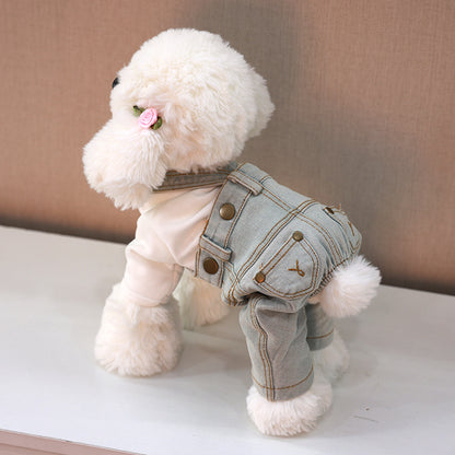 Dog Denim Style Overalls Pet Four-Leg Outfit Light Blue